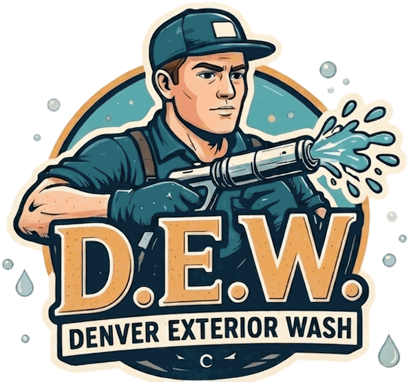 D.E.W. Denver Exterior Wash logo: a cartoon man in a cap spraying a pressure washer